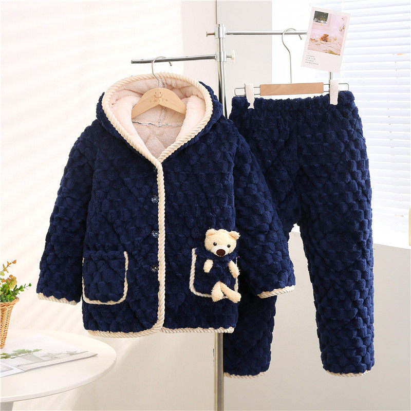 2024冬季男童儿童睡衣法兰绒中长款三层夹棉加厚男孩中大童家居服