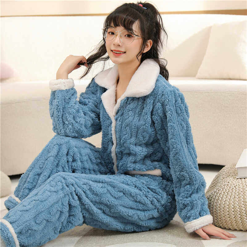 珊瑚绒睡衣女士冬季加厚法兰绒家居服两套装春秋天白色可外穿