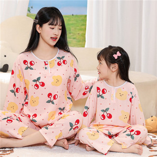 儿童绵绸睡衣女童小孩子亲子装 夏季 薄款 夏天母女宝宝棉绸空调套装