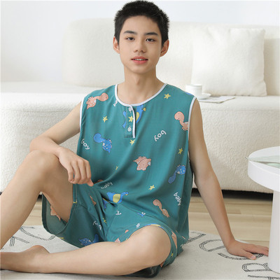 男童棉绸睡衣男大童青少年夏季儿童绵绸无袖短裤女空调服家居套装