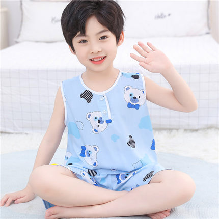 夏季儿童家居服男童女童薄绵绸背心短裤夏天无袖套装宝宝棉绸睡衣