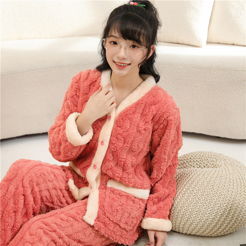 睡衣女冬季加绒加厚珊瑚绒长袖长裤可外穿初中生法兰绒家居服套装