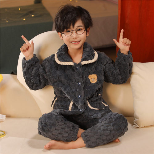 2023新款男童睡衣冬季款珊瑚绒秋季儿童男孩法兰绒大童青少年套装