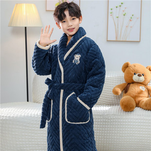 冬季 睡衣 亲子三层夹棉加厚保暖浴袍中大童法兰绒家居服睡袍长款