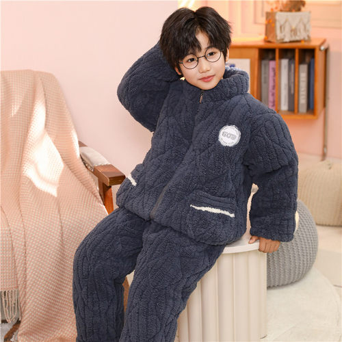 睡衣男童冬季款三层夹棉加厚儿童珊瑚绒青少年大童家居服2024新款