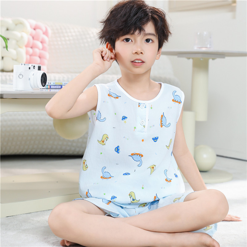 夏季轻薄款云朵棉儿童睡衣男童女童宝宝无袖短裤居家服空调服套装