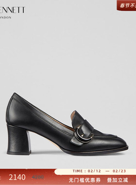 LK BENNETT黑色粗跟单鞋女2024年冬新款高级百搭设计感乐福鞋