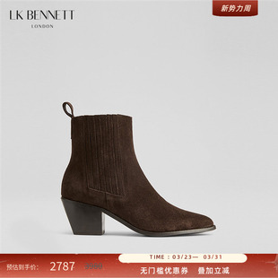 5cm粗跟尖头气质及踝 BENNETT咖啡色真皮绒面短靴女2025冬新款