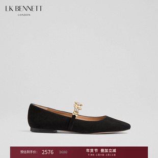 【朱珠同款】LK BENNETT黑色绒面玛丽珍平底鞋25年新方头花瓣绑带