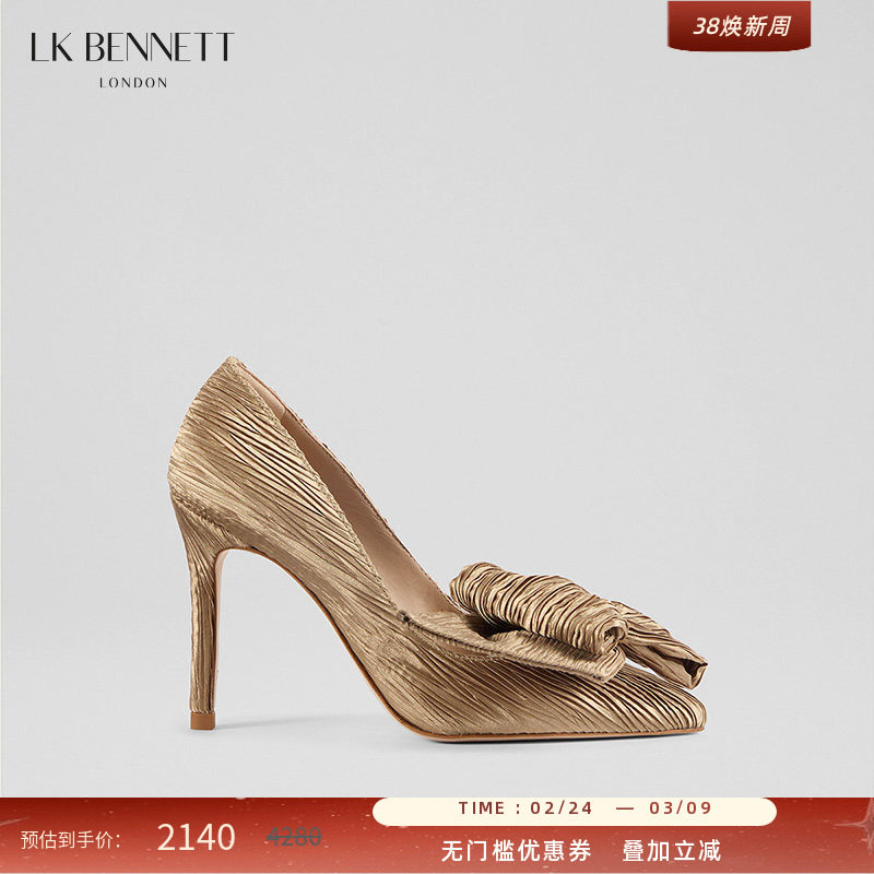 LK BENNETT金色尖头高跟鞋2025年秋冬10cm细跟蝴蝶结装饰宴会轻奢