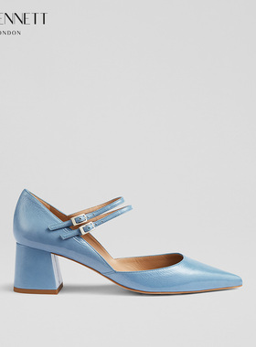 LK BENNETT蓝色粗跟玛丽珍单鞋女2024新款尖头真皮高跟鞋复古优雅