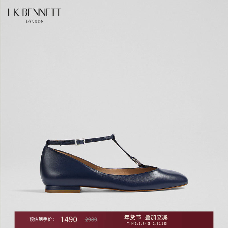LK BENNETT深蓝圆头平底单鞋2025秋冬新款时尚进口羊皮T字带浅口,女鞋,浅口单鞋,淘宝优惠券,粉丝福利购,淘宝优惠卷