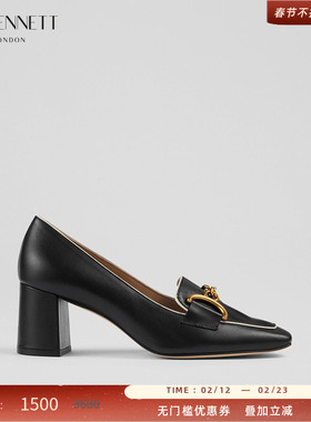 LK BENNETT黑色真皮粗跟单鞋女2024新款经典百搭气质马衔扣乐福鞋