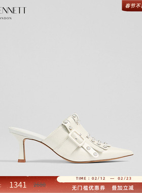 LK BENNETT白色穆勒鞋女夏2025秋新款珍珠流苏方扣羊皮革细跟单鞋
