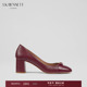 BENNETT酒红色单鞋 2025秋冬新款 圆头粗跟金属扣装 饰6cm高跟鞋