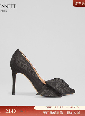 LK BENNETT黑色尖头高跟鞋2025年秋新10cm细跟绒缎蝴蝶结轻奢贵气