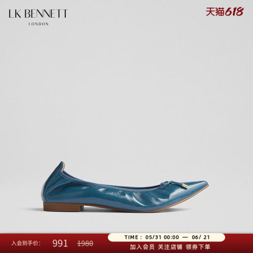 LK BENNETT蓝色尖头平底单鞋2025年夏新款时尚进口羊皮蝴蝶结装饰