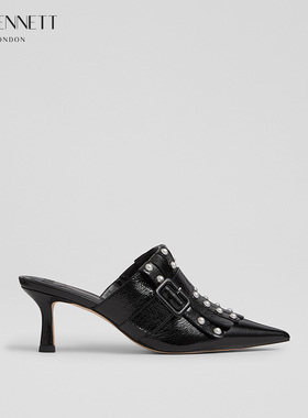 LK BENNETT黑色羊皮革珍珠金属扣穆勒鞋2025秋新款细高跟尖头凉鞋