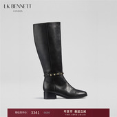 BENNETT黑色真皮长靴女2025冬新款 牛皮4.5cm粗跟铆钉高筒骑士