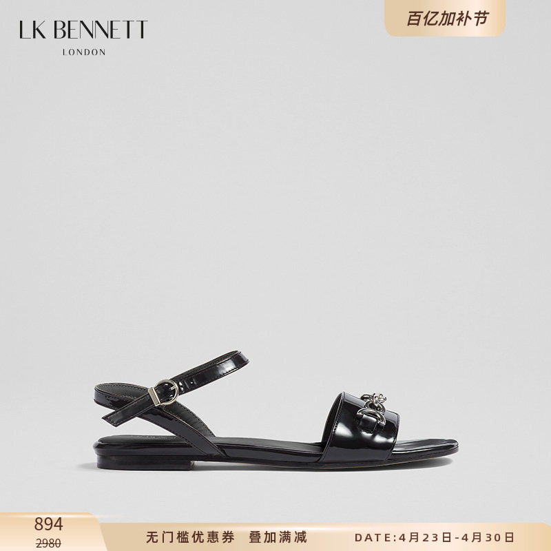 LK BENNETT黑色真皮凉鞋女夏2024新款一字带露趾牛皮平底脚腕系带