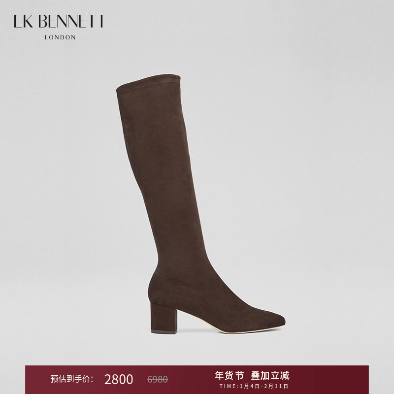LK BENNETT咖色弹力长筒靴女2024年冬新款时尚绒面粗跟尖头时装靴,女鞋,时装靴,淘宝优惠券,粉丝福利购,淘宝优惠卷