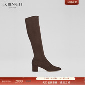 绒面粗跟尖头时装 时尚 靴 BENNETT咖色弹力长筒靴女2024年冬新款