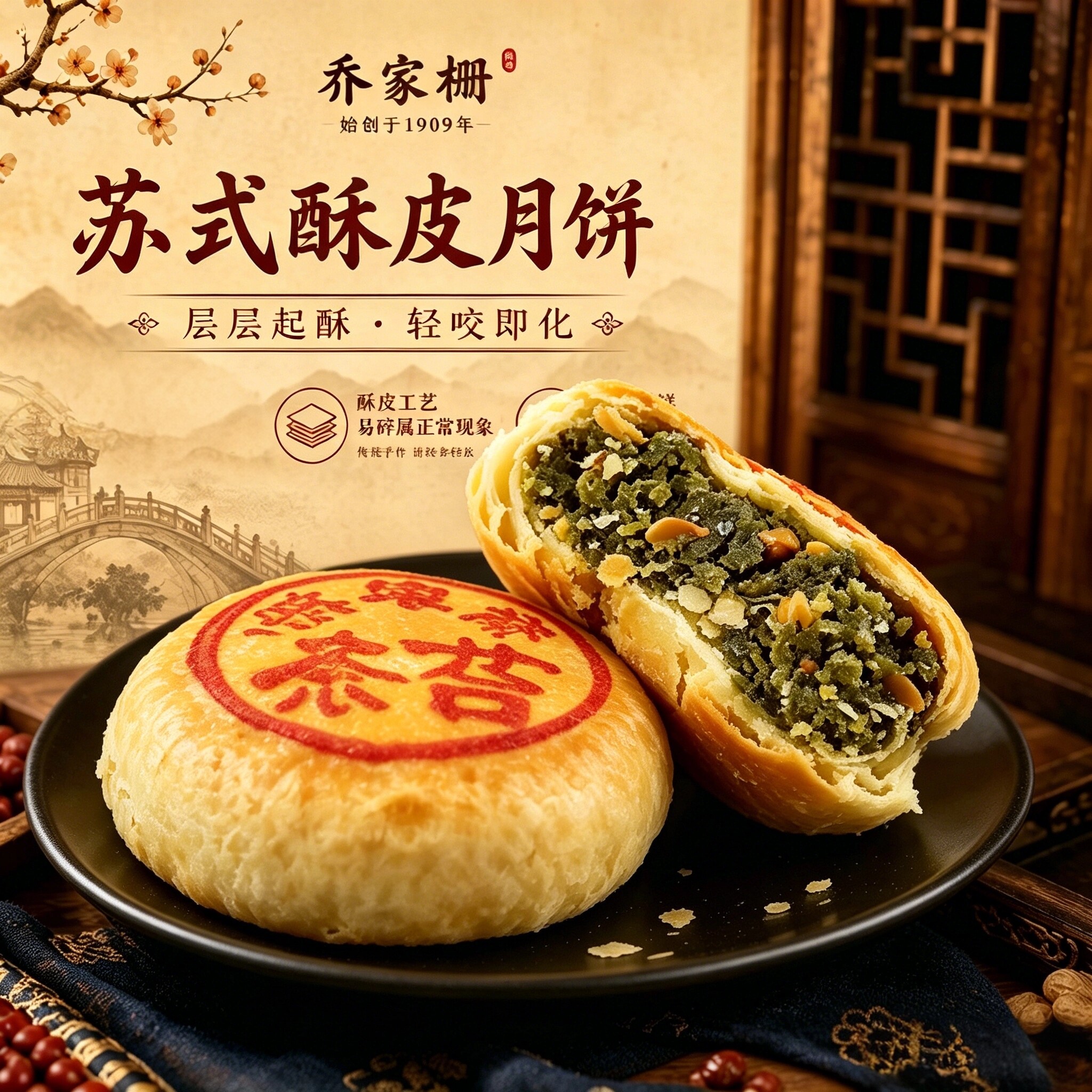 上海乔家栅苏式月饼净素多口味沪式传统酥皮月饼中秋糕点零食点心