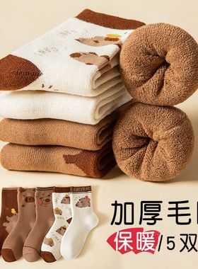 水豚卡皮巴拉儿童袜子秋冬加绒加厚中筒袜男女孩中大童毛巾袜毛圈