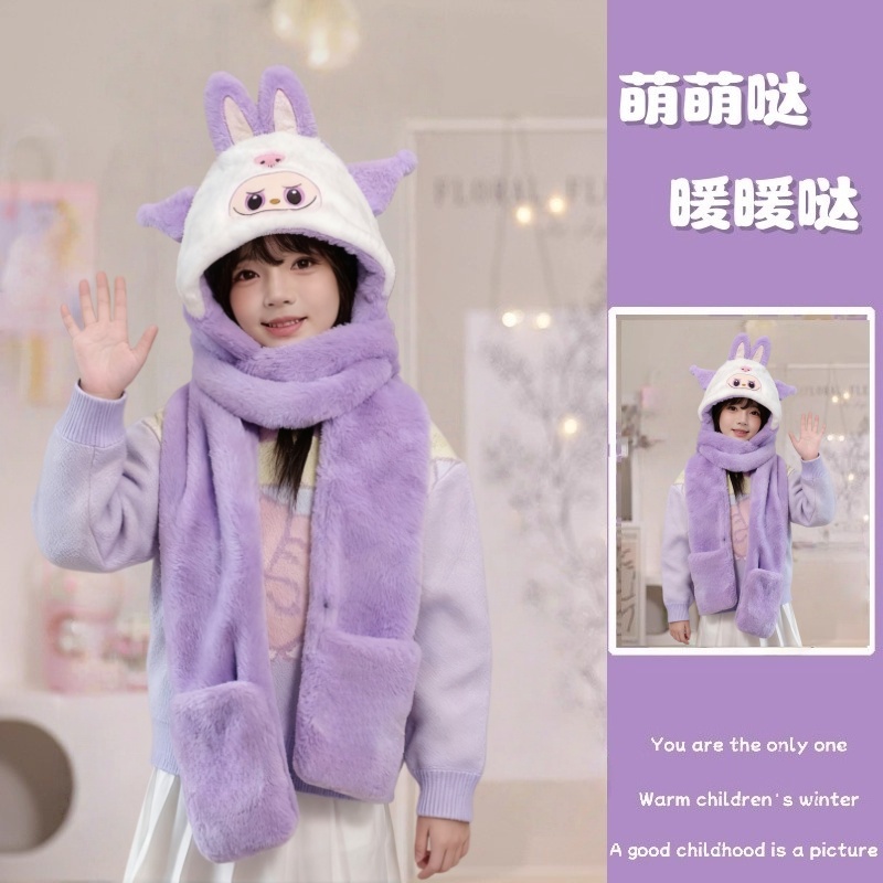 儿童三件套围巾帽子手套一体可爱冬季保暖护耳毛绒帽二合一