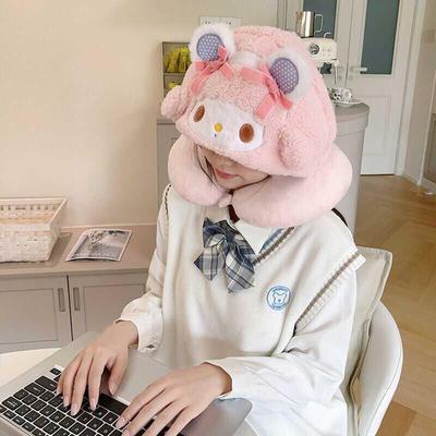 可爱美乐蒂小羊连帽U形枕护旅行便携飞机午睡枕遮光高铁坐车出行