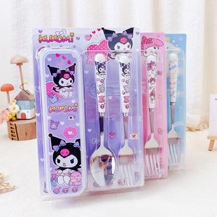 库洛米餐具勺子+叉子女孩子儿童酷洛米不锈钢套装筷子便捷带餐盒