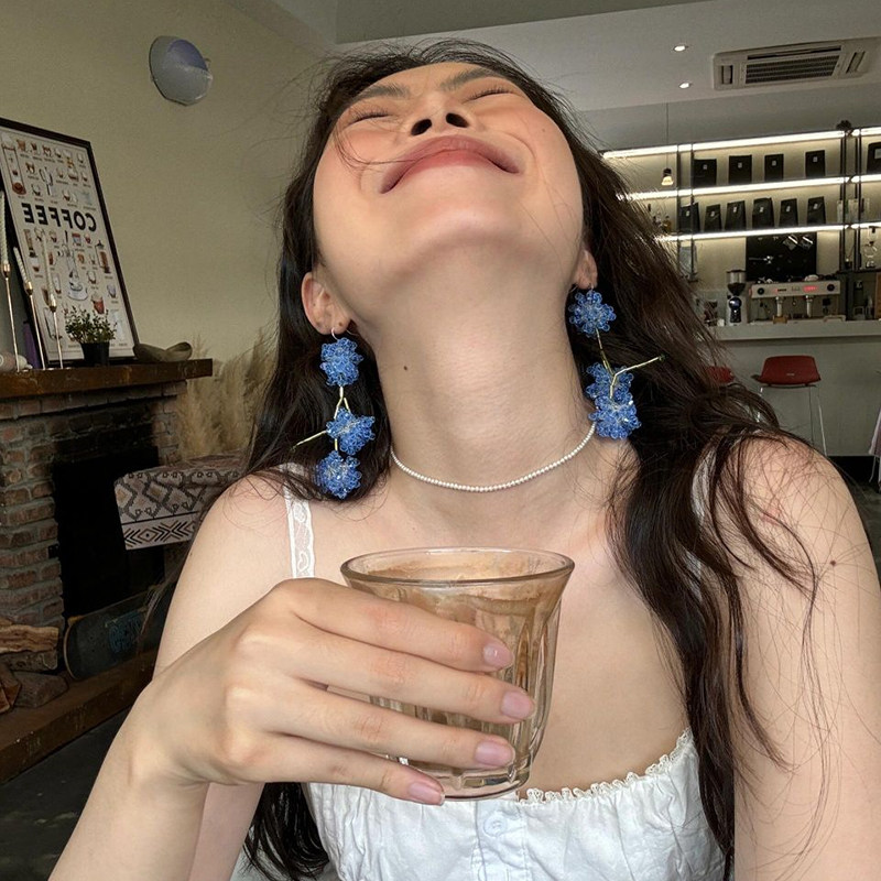 蓝色串珠长款流苏花朵耳环夸张耳饰品海边度假风耳钉女无耳洞耳夹