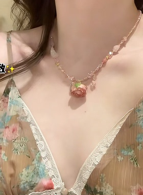 夏日心动~粉水晶永生花玫瑰项链