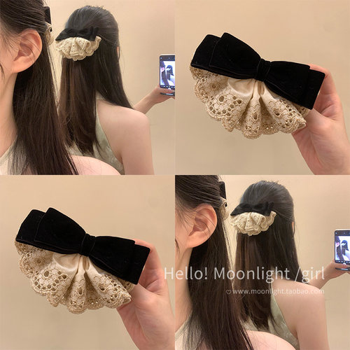 原创手作！蝴蝶结蕾丝花边发夹弹簧夹女宫廷风发饰后脑勺香蕉抓夹