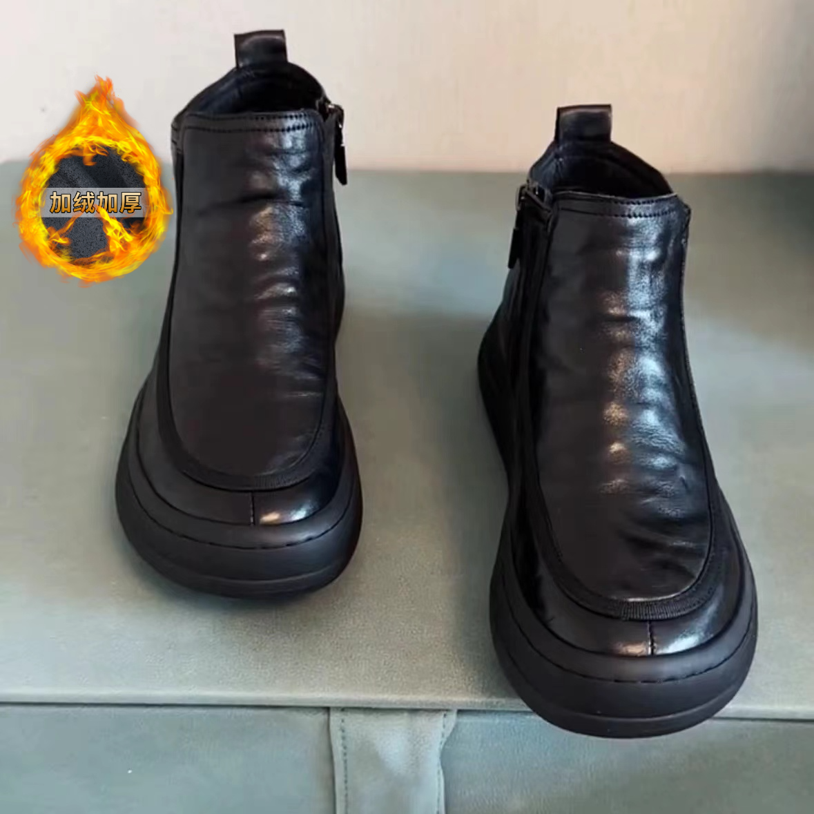牛皮加绒冬季牛皮休闲板鞋新款高帮男士黑色透气韩版休闲男皮鞋