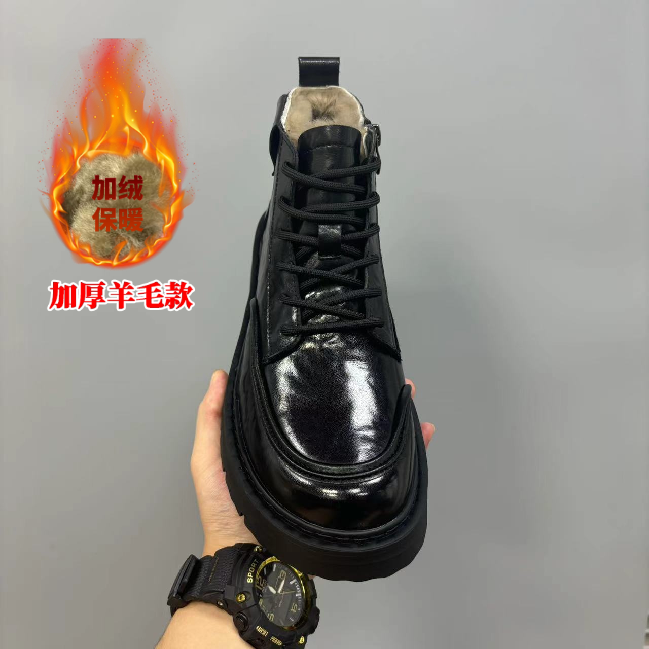 马丁靴秋冬季新款羊毛一体系带高品质百搭舒适加绒加厚男鞋