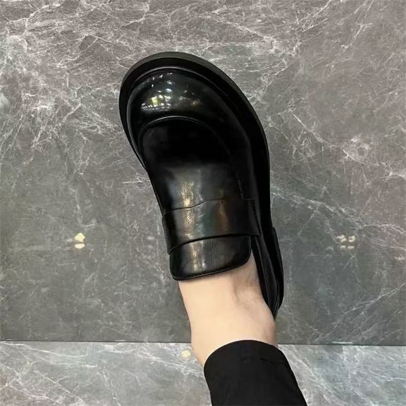 新品大头真皮圆头英伦亮皮懒人一脚蹬休闲舒适真皮鞋子帅气男鞋潮