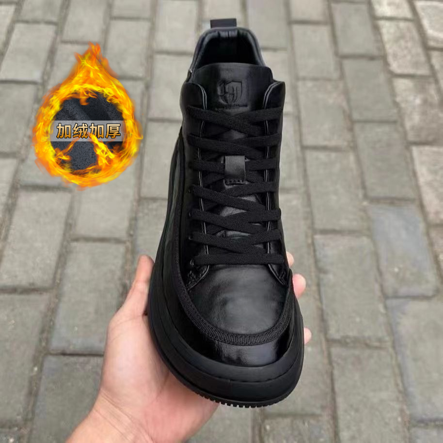 潮男2024秋冬爆纯色牛皮加绒休闲板鞋运动圆头百搭皮鞋棉鞋韩青年