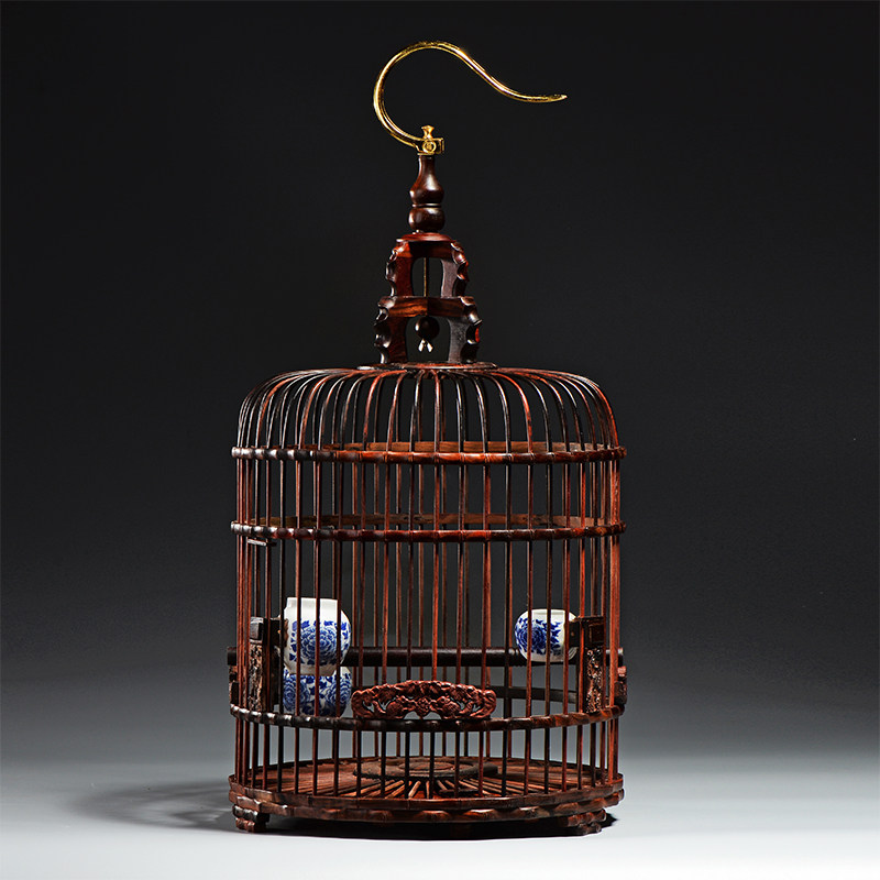 老挝大红酸枝圆形鸟笼带鸟站托粪盘挂钩八哥鸟窝画眉红木鸟笼高档
