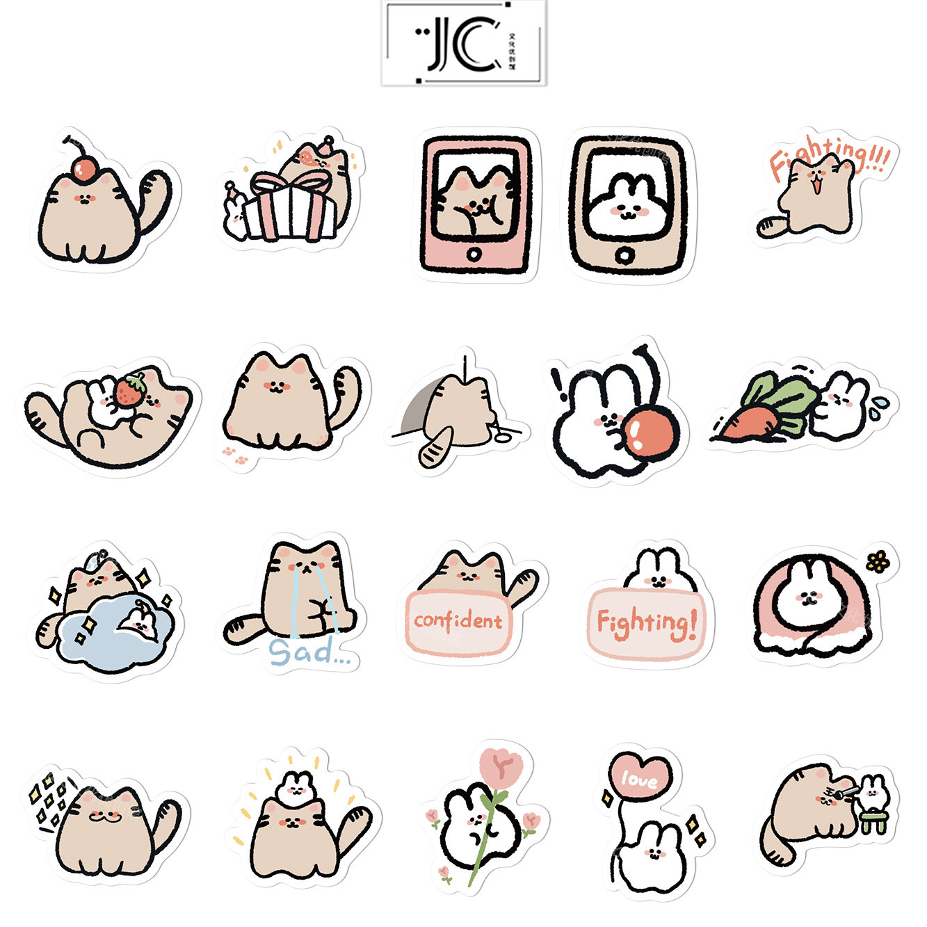 60张原创手绘猫和兔贴纸笔记本电脑手账本手机壳水杯装饰防水贴画