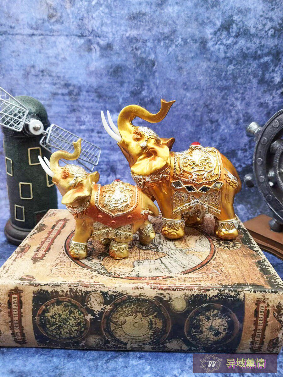 复古树脂金色大象神摆件工艺品办公室事业财富居家装饰