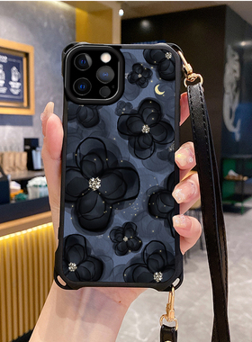 花朵适用苹果16promax手机壳斜跨挂绳防摔iphone12pro新款ihpnoe11e套13网红15plus xs女iphon14x7xr潮8xsmax