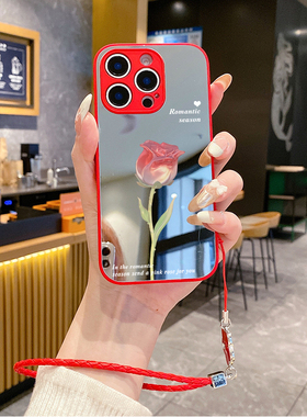 适用苹果16promax手机壳15plus补妆镜面ihpone14挂绳12pro新款iphon11套13网红xsmax防摔xs女x7xr花朵8plus