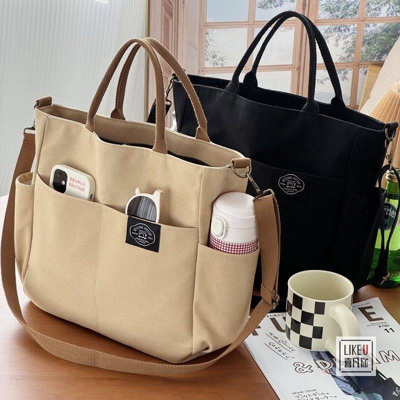原创加厚多口袋自制文艺托 托特帆布学生电脑简约手提单肩斜挎包