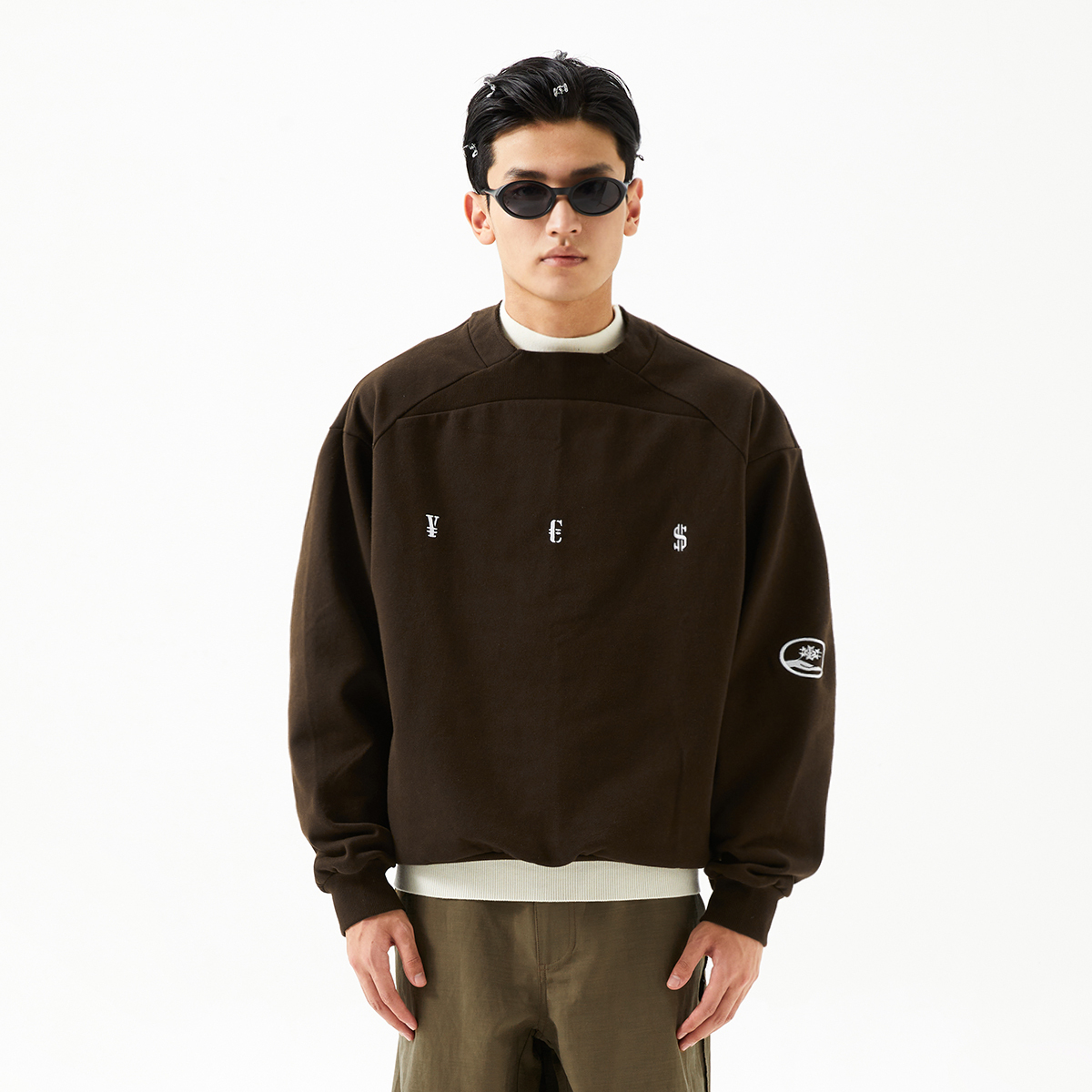 FMACM闷与狂 "YES"货币符号运动拼接领口2024秋冬情侣款圆领卫衣