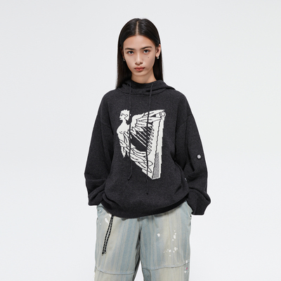 FMACM闷与狂「爱尔兰交响曲」复古印花连帽2024秋冬套头针织毛衣