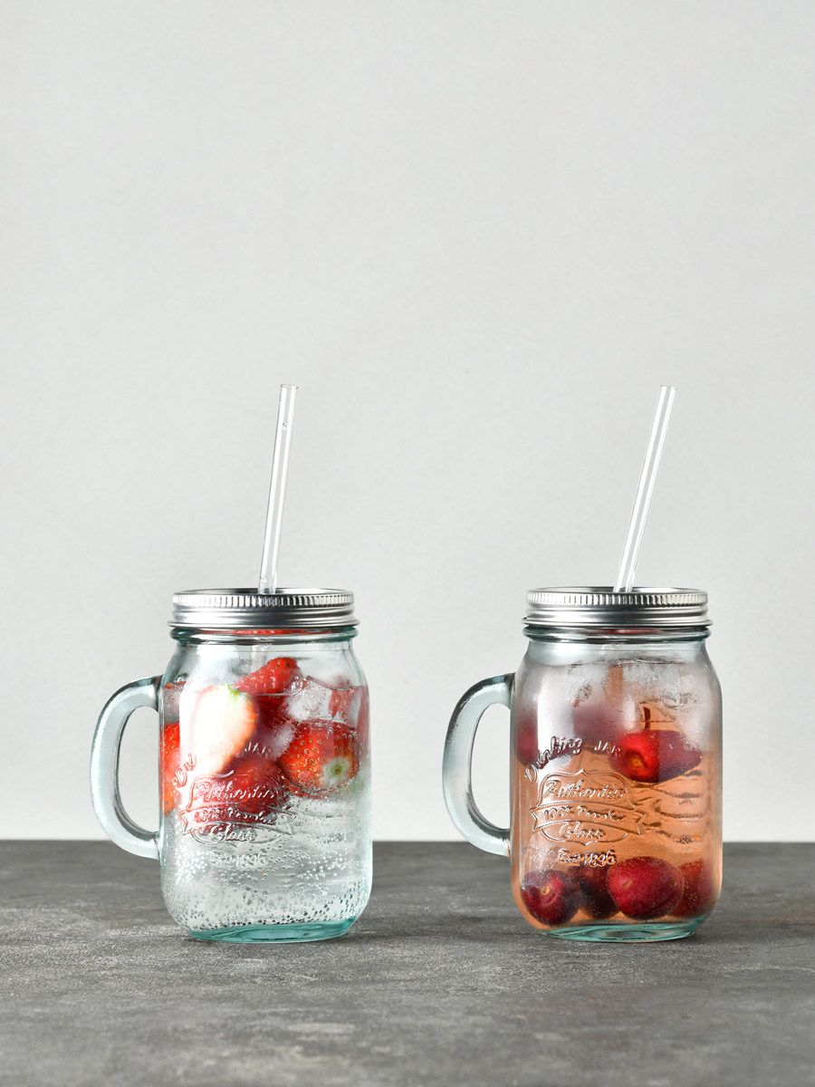 加乐西班牙进口环保加厚玻璃水杯，果汁饮料吸管杯，带手柄梅森杯