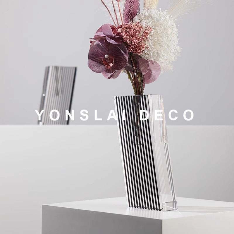 极简水晶条纹花瓶插花摆件样板间客厅餐桌面软装饰品干花花艺摆设