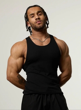 VANQUISH ESSENTIAL男士健身跑步运动黑色罗纹修身背心纯棉训练