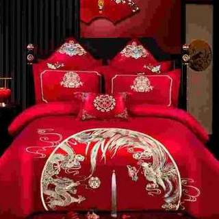 结婚床上用品婚嫁刺绣四件套床单被套大红色囍被罩4件套新婚喜被